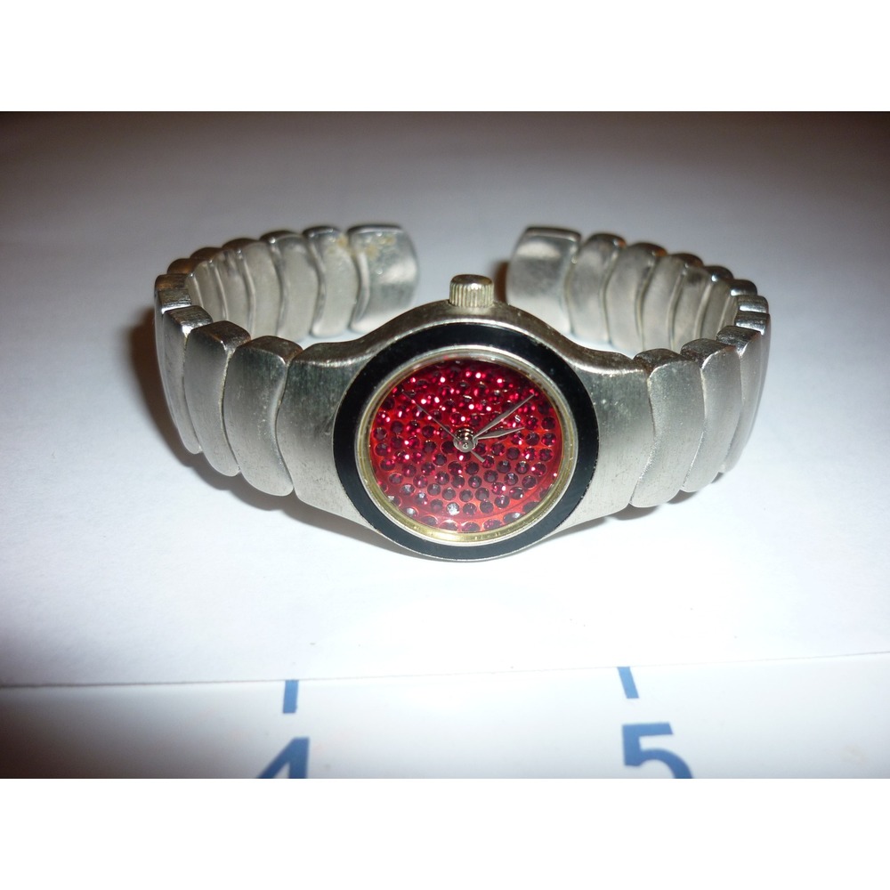 Chico's Women's Silver Tone Cuff Watch Red Sparkle Dial Rhinestones Quartz